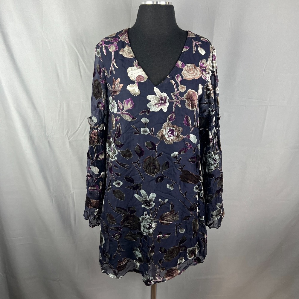 Spirit Of Grace Sheath Dress Womens M Navy Blue Floral Semi Sheer Bell Sleeve